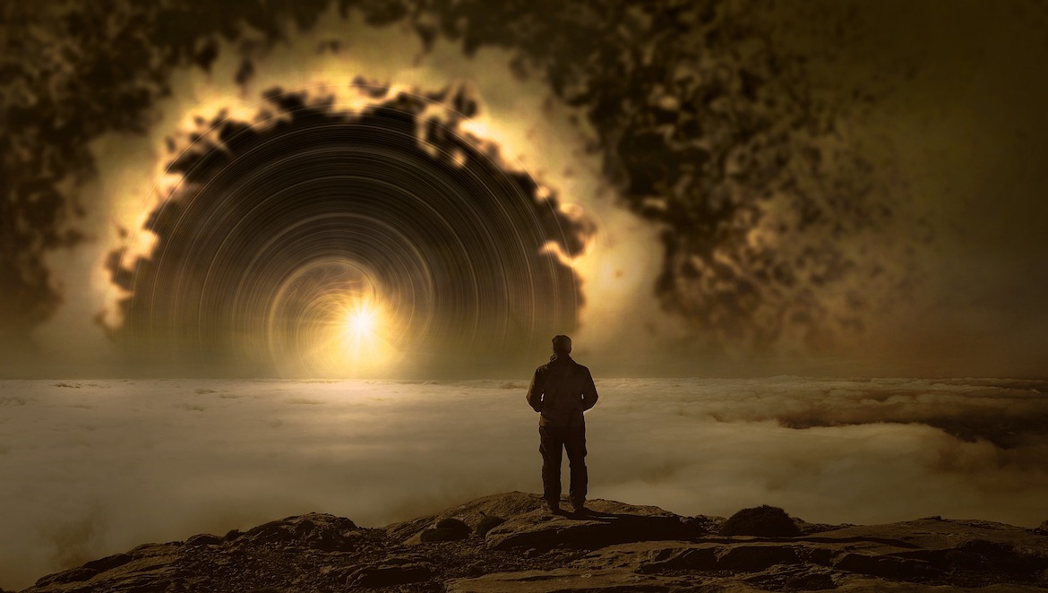 a photo of a man looking towards heaven